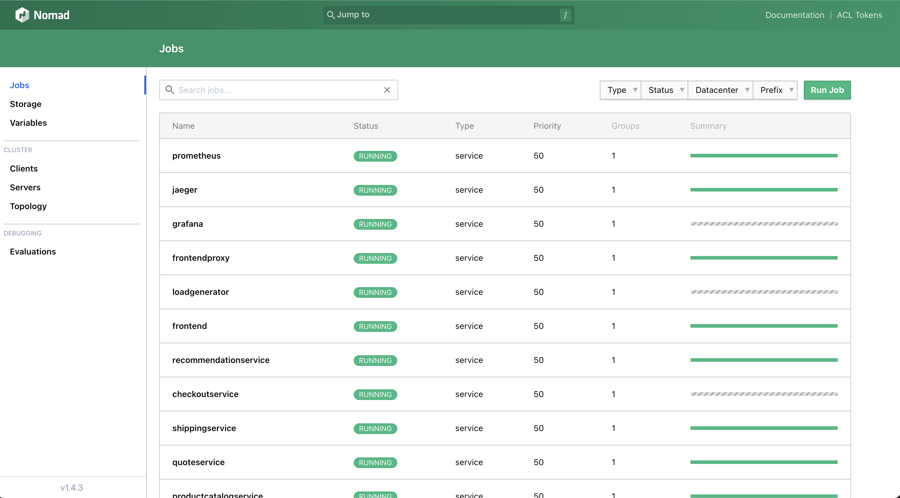 Screen capture of jobs view in Nomad. Some jobs have started, and others are still starting up Screen capture of jobs view in Nomad. Some jobs have started, and others are still starting up.